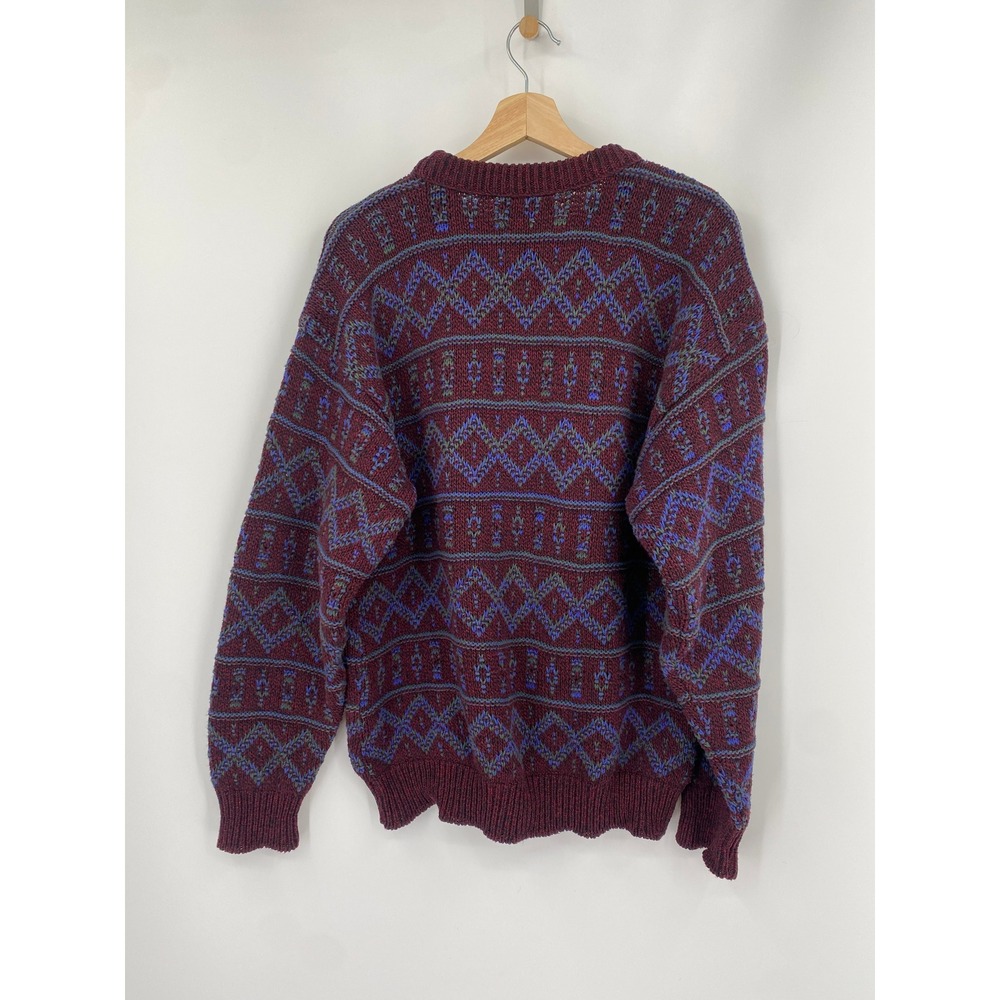 Vintage ALPS Sweater Mens Burgundy Fair Isle Geometric Knit Crewneck USA Made - Picture 4 of 5